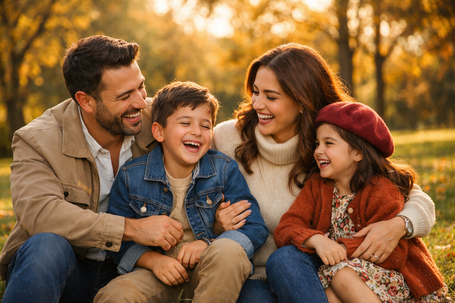 Parkta dogal pozlarla cekilmis mutlu aile fotografi